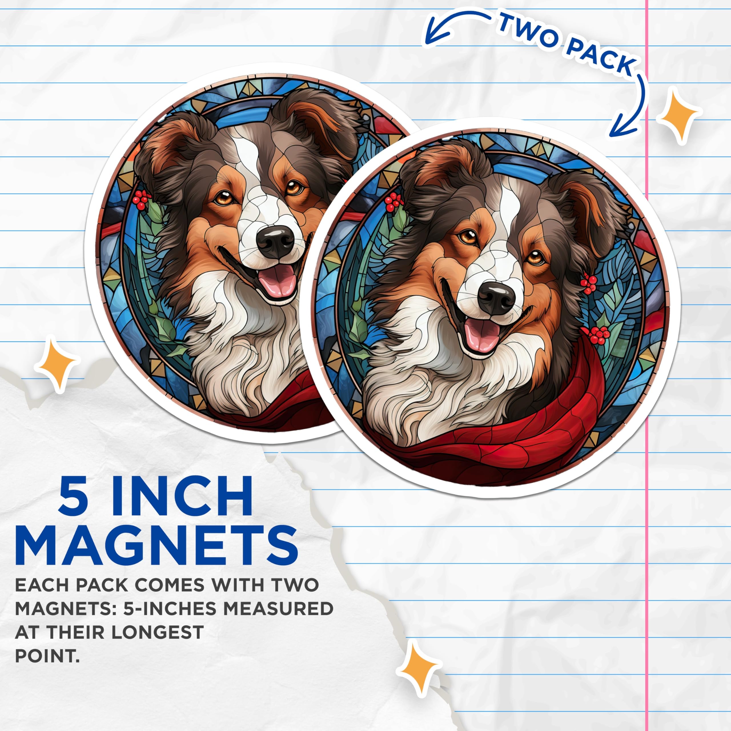 (2 Pack) Stained Glass Dog Magnets - Australian Shepherd Art - Festive Holiday Pet Decor - 5 Inches On Longest Side - Thick Durable Magnet - Made in USA - MAG26116