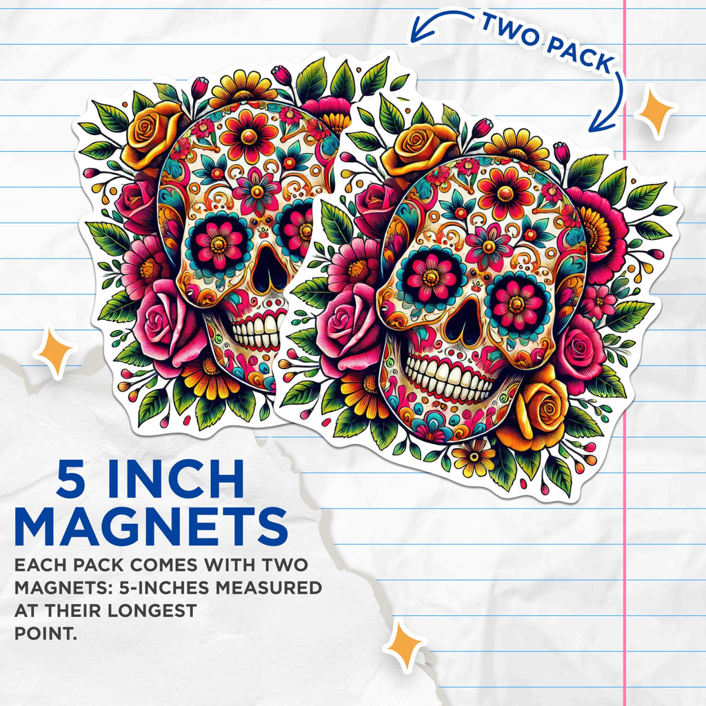 (2 Pack) Floral Sugar Skull Dia De Muertos Magnets - Floral Mexican Sugar Skull - 5 Inches On Longest Side - Premium Magnet - for Cars, Refrigerators, Toolboxes - Made in USA - MAG2061