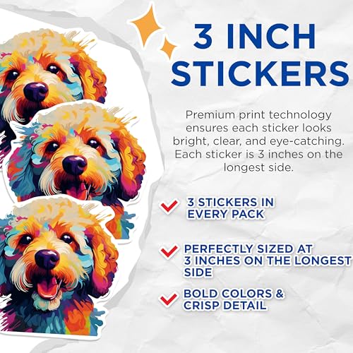 (3 Pack) Doodle Dog Decals - Colorful Puppy Art - Laptop Decal - 3 Inches On Longest Side - Easy Peel & Apply - Made in USA - 3MCS0797