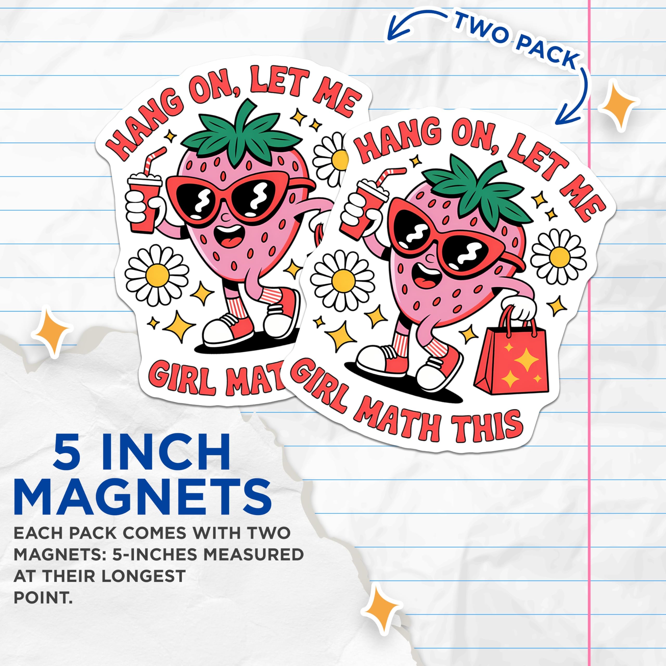(2 Pack) Girl Math Magnets - Funny Strawberry Quote - Retro Kitchen Decor - Trendy Fridge Magnet - 5 Inches On Longest Side - Thick Durable Magnet - Made in USA - MAG22883