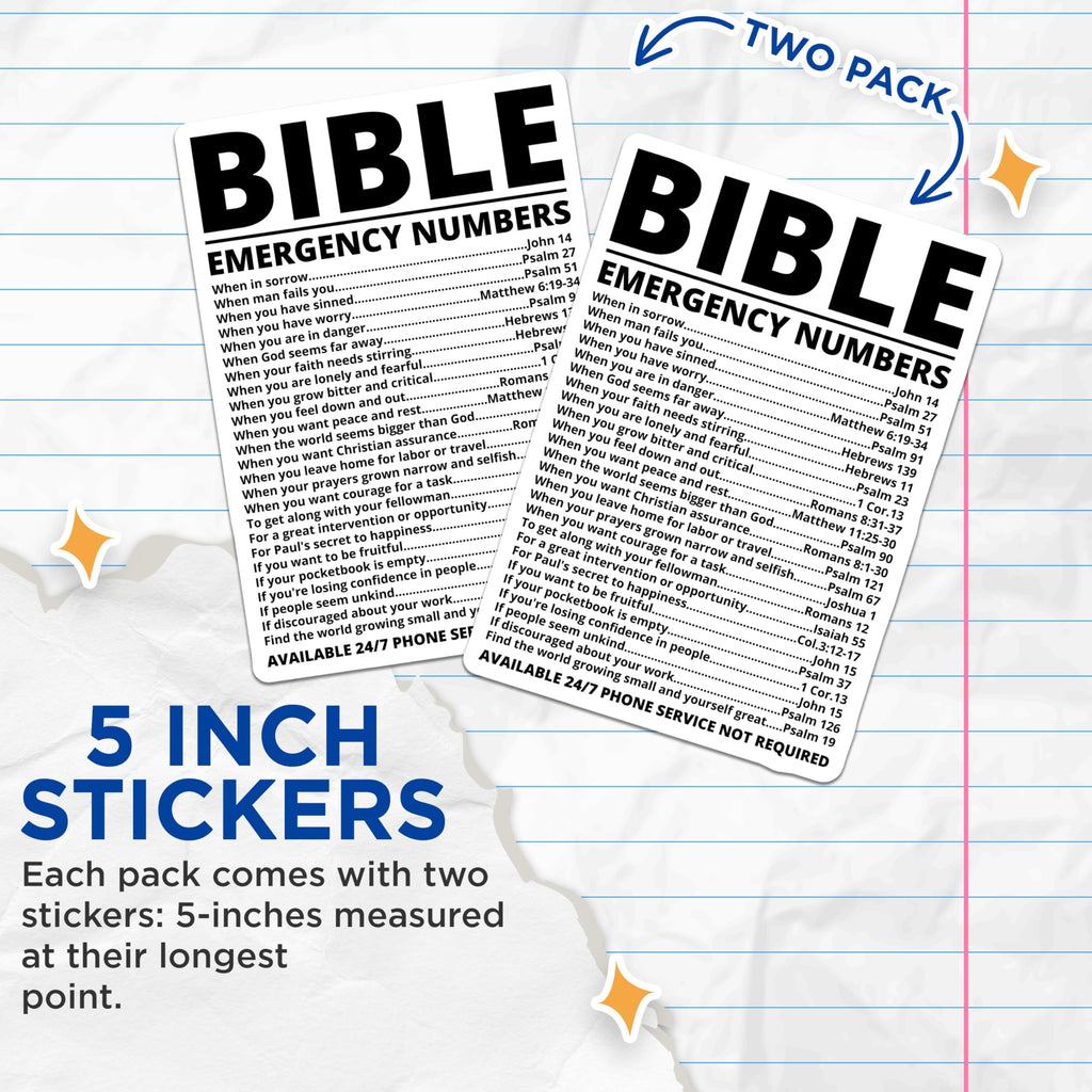 (2 Pack) Bible Emergency Numbers Stickers - Inspirational Christian Stickers - Religious Faith Stickers - 5" On Longest Side - Sticks to Smooth Flat Surfaces - Made in USA - BMCS3876