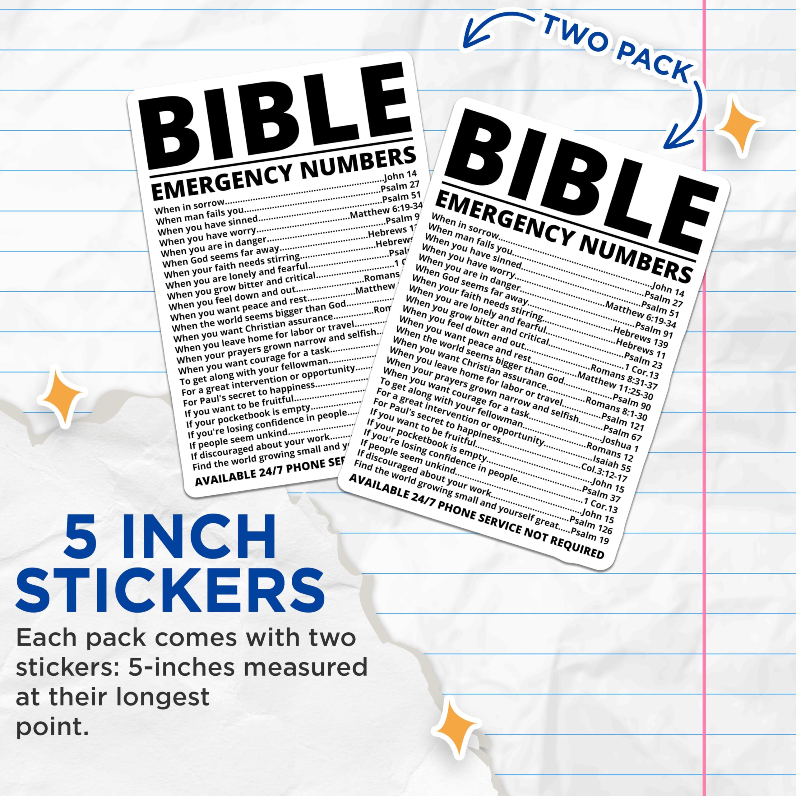 (2 Pack) Bible Emergency Numbers Stickers - Inspirational Christian Stickers - Religious Faith Stickers - 5" On Longest Side - Sticks to Smooth Flat Surfaces - Made in USA - BMCS3876