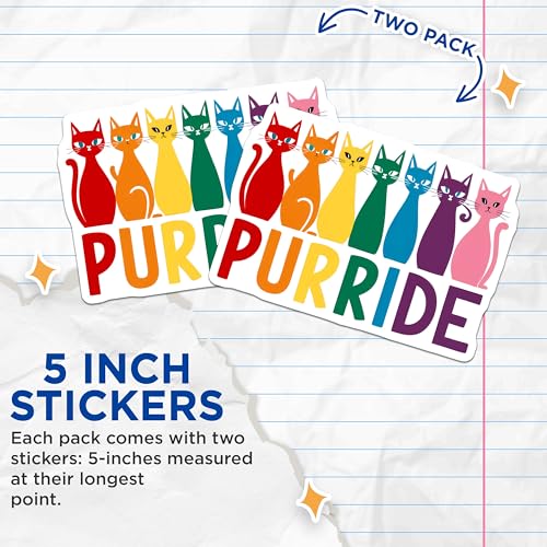 (2 Pack) Pride Cat Stickers - Rainbow Cat Decals - Purride LGBT Stickers - 5" On Longest Side - Sticks to Smooth Flat Surfaces - Made in USA - BMCS9545