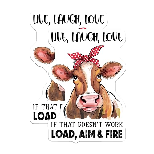 (2 Pack) Live Laugh Love Stickers - Funny Cow Stickers - Inspirational Animal Stickers - 5" On Longest Side - Sticks to Smooth Flat Surfaces - Made in USA - BMCS9807