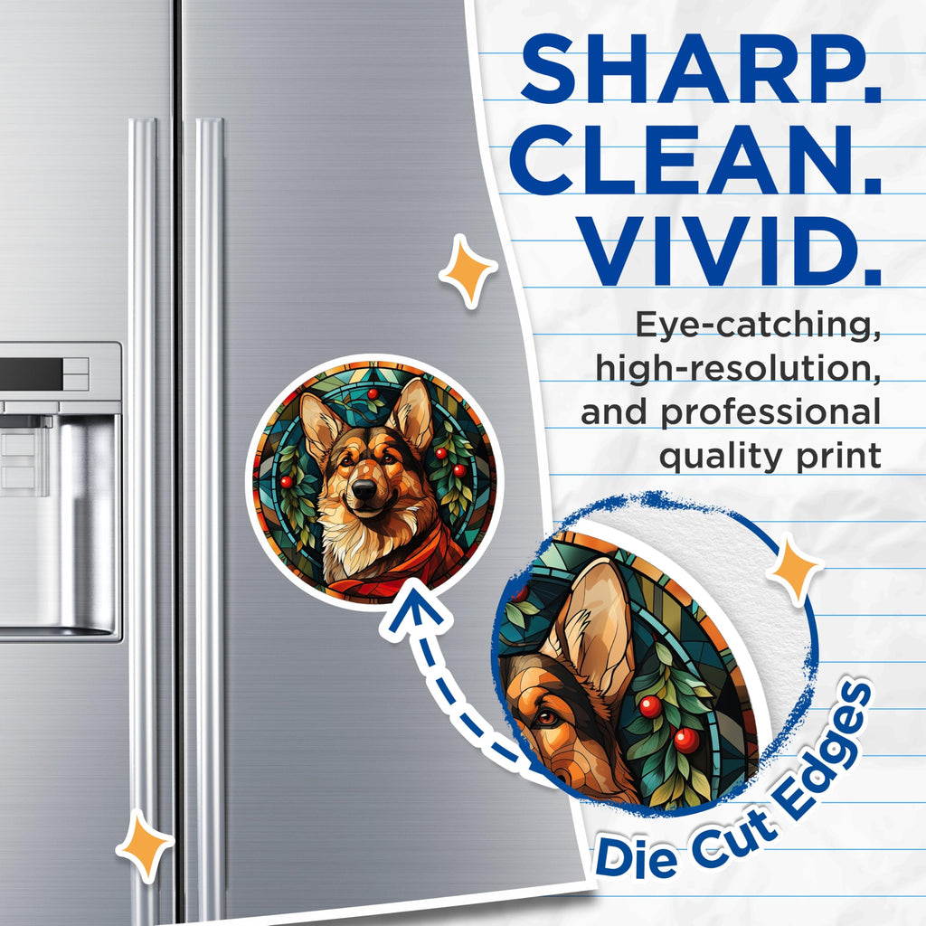(2 Pack) German Shepherd Magnets - Stained Glass Dog Art - Winter Pet Decor - Holiday Kitchen Magnet - Dog Lover Accessory - 5 Inches On Longest Side - Thick Durable Magnet - Made in USA - MAG26745
