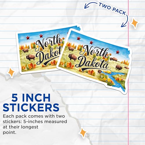 (2 Pack) North Dakota State Map Stickers - Travel - Souvenir - 5" On Longest Side - Sticks to Smooth Flat Surfaces - Made in USA - BMCS6292