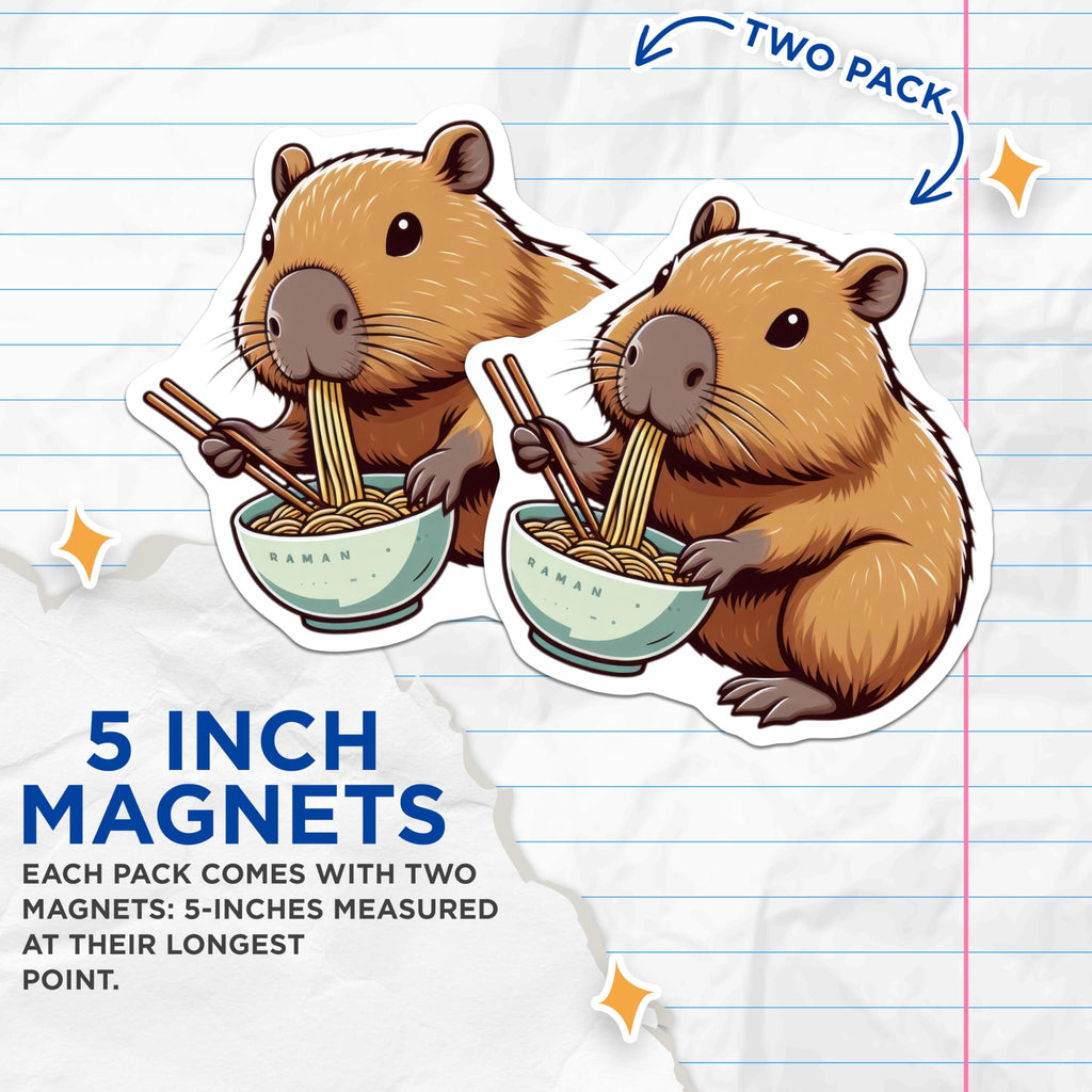 (2 Pack) Cute Noodle Lover Capybara Magnet - 5" On Longest Side - Sticks to Smooth Flat Surfaces - Made in USA - MAG9915