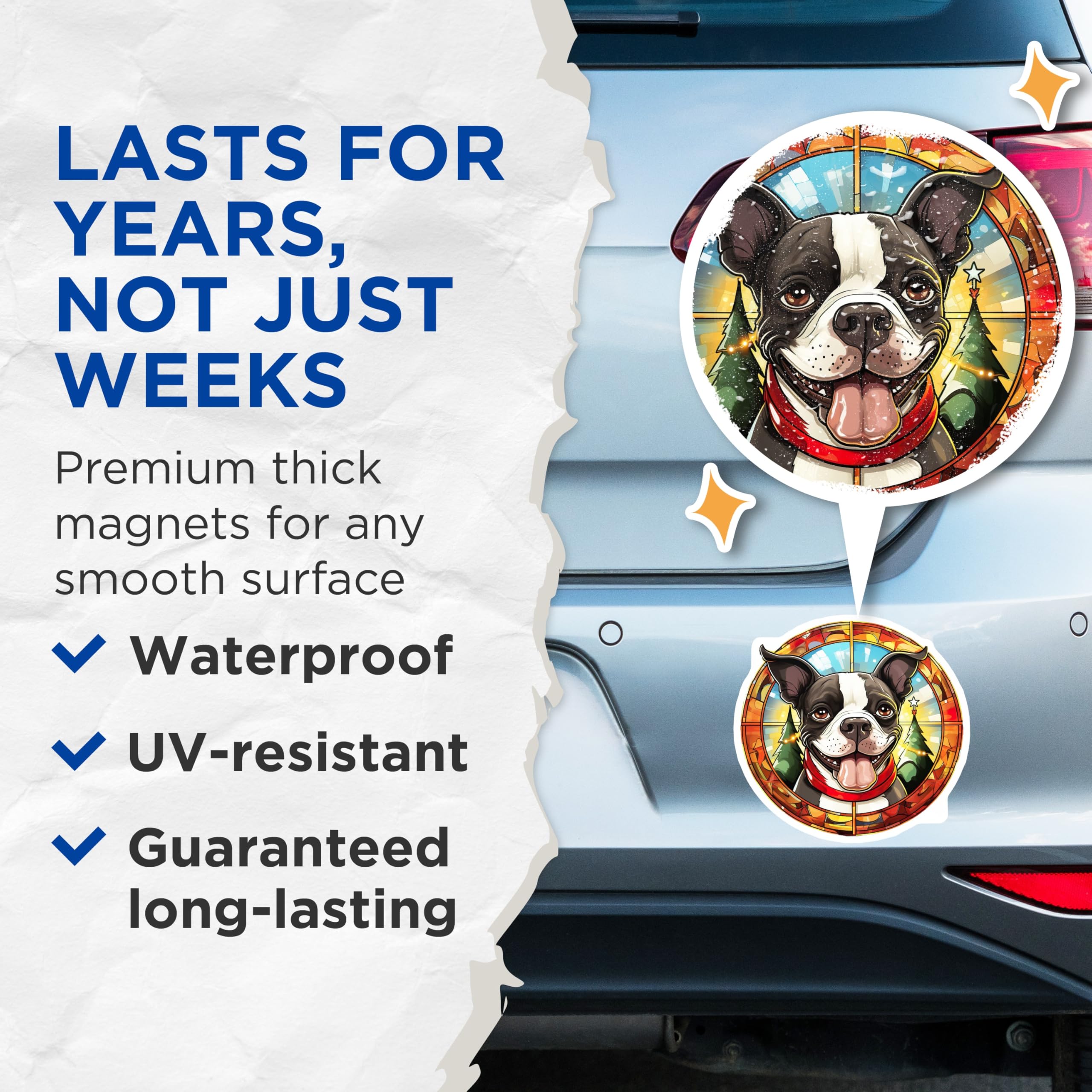 (2 Pack) Boston Terrier Magnets - Christmas Dog Decor - Stained Glass Pet Art - Holiday Fridge Magnet - 5 Inches On Longest Side - Thick Durable Magnet - Made in USA - MAG26577