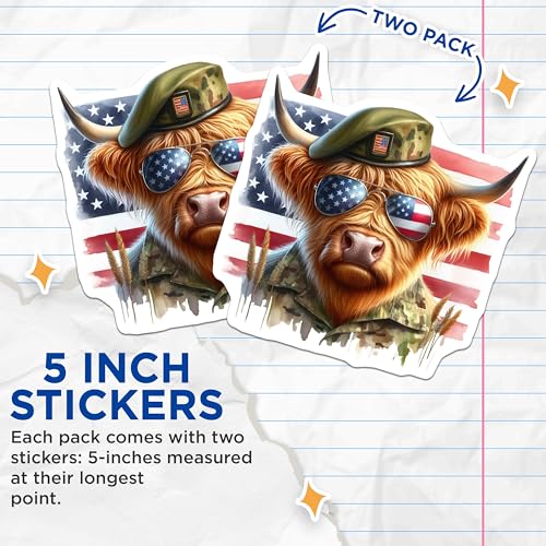 (2 Pack) Patriotic Highland Cow Stickers - American Flag - Military Pride - Funny Animal Stickers - 5" On Longest Side - Sticks to Smooth Flat Surfaces - Made in USA - BMCS6357