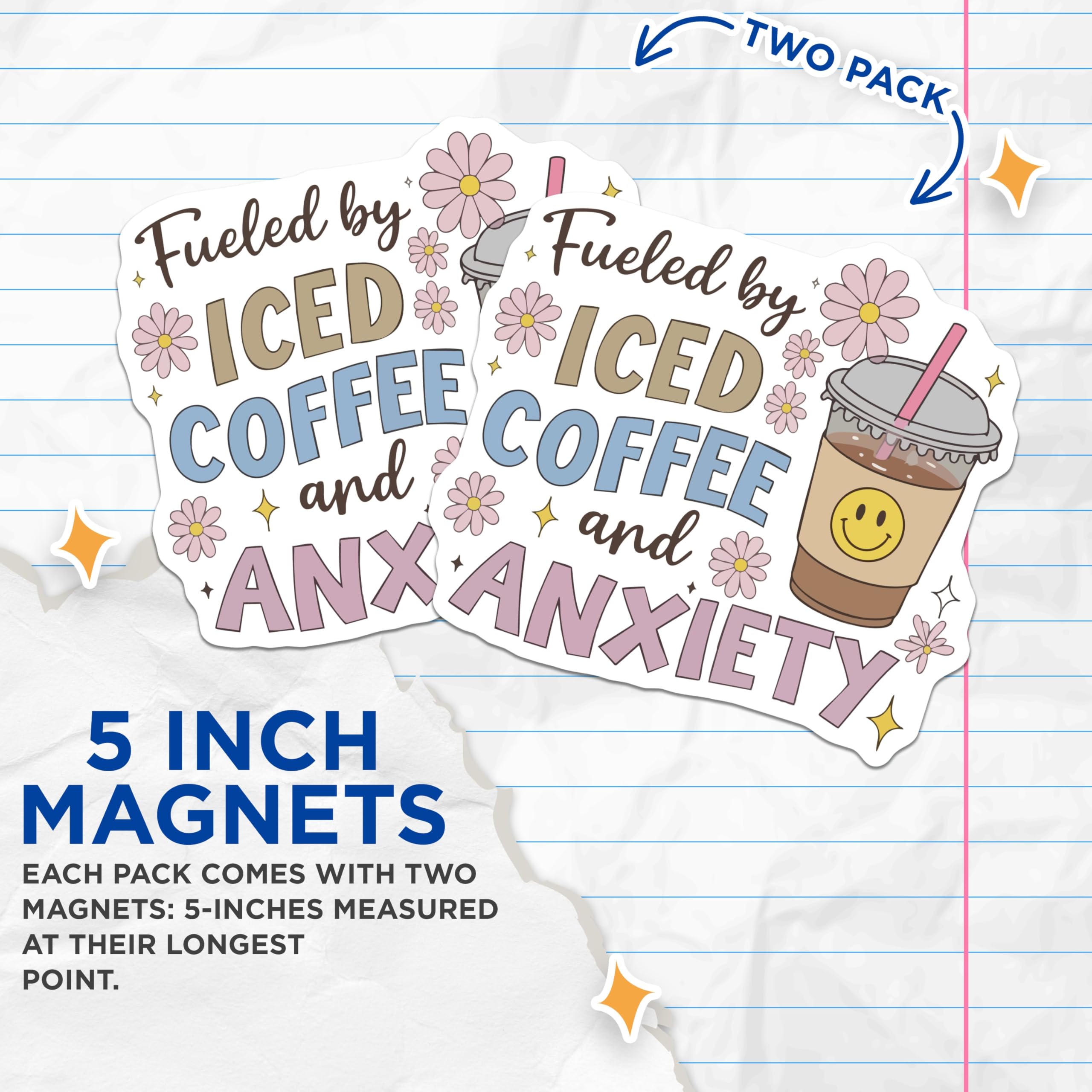 (2 Pack) Fueled By Iced Coffee Anxiety Magnets - Funny Coffee Lover Decor - Daily Mood Refrigerator Locker Magnets - 5 Inches On Longest Side - Thick Durable Magnet - Made in USA - MAG23024