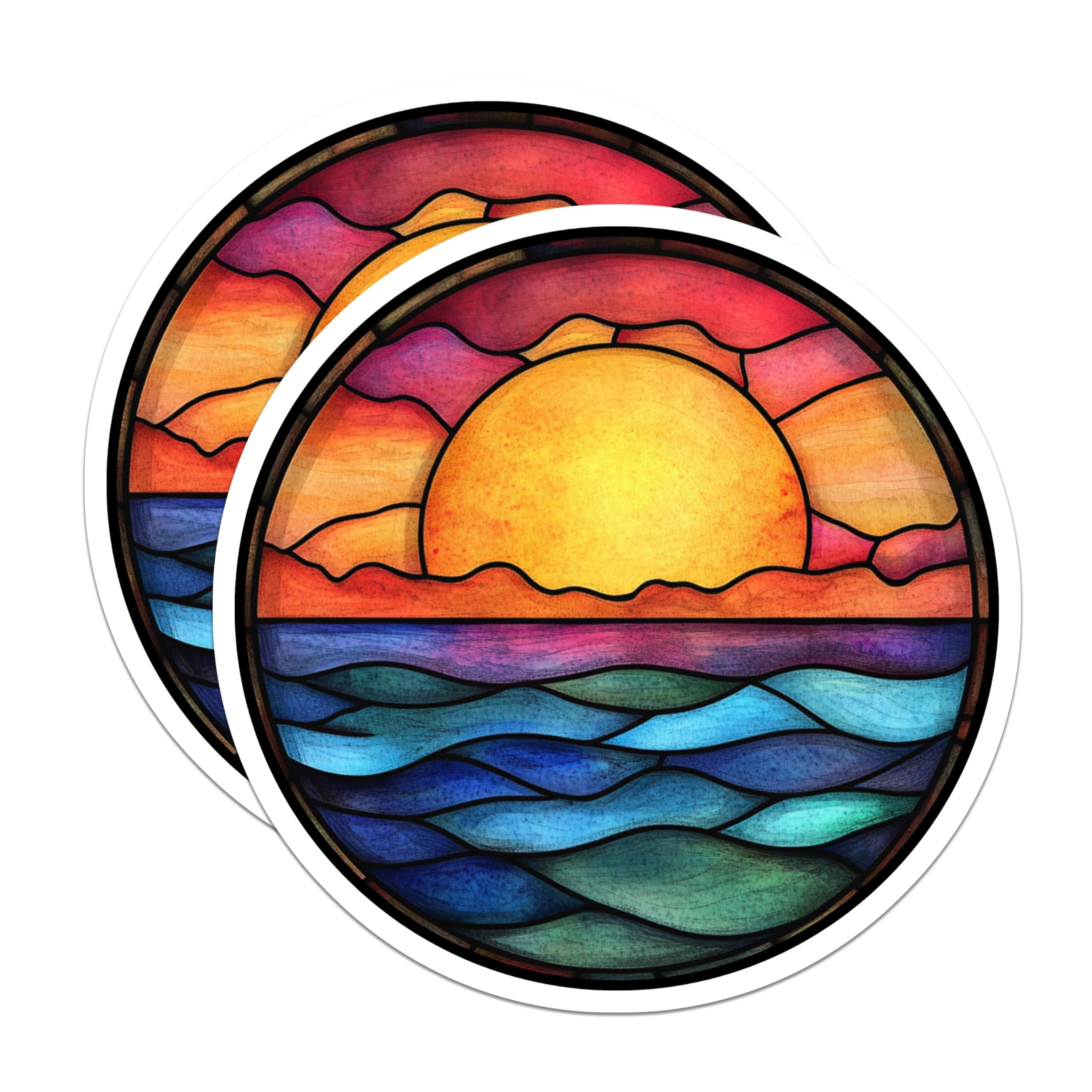 (2 Pack) Stained Glass Sunset Magnets - Ocean Wave Fridge Decor - Boho Beach Aesthetic Art - 5 Inches On Longest Side - Thick Durable Magnet - Made in USA - MAG25862