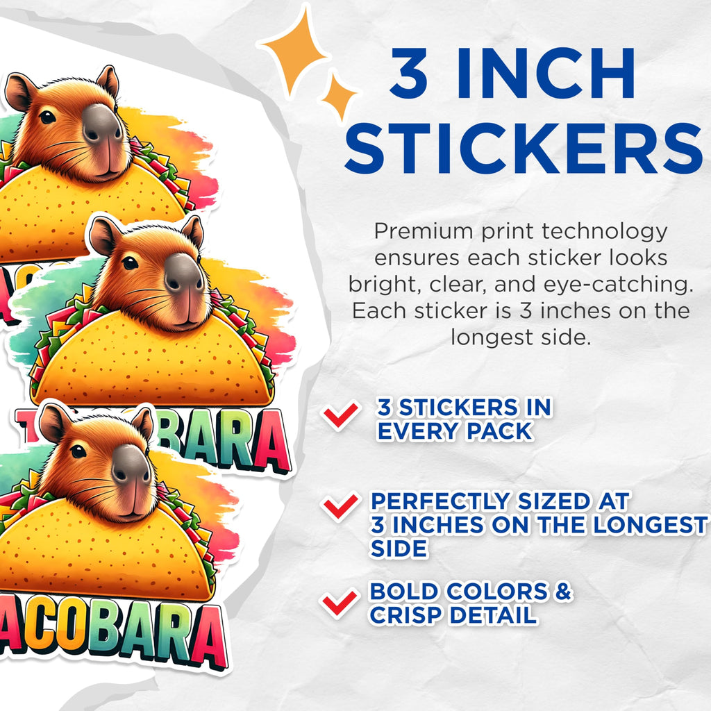 (3 Pack) Tacobara Decals - Capybara Taco - Funny Animal Laptop Decal - 3 Inches On Longest Side - Easy Peel & Apply - Made in USA - 3MCS1493