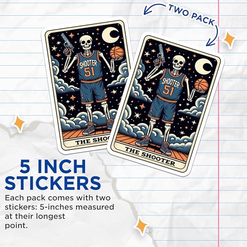 (2 Pack) Skeleton Basketball Player Stickers - Shooter Stickers - Funny Skeleton Holding Basketball Design - 5" On Longest Side - Sticks to Smooth Flat Surfaces - Made in USA - BMCS4666