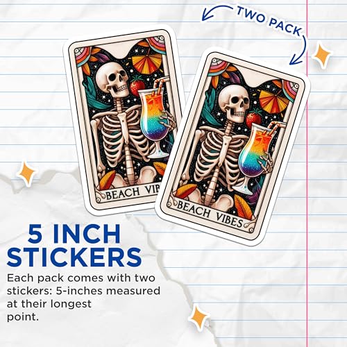 (2 Pack) Beach Vibes Stickers - Skeleton Drink Stickers - Retro Summer Stickers - 5" On Longest Side - Sticks to Smooth Flat Surfaces - Made in USA - BMCS4769