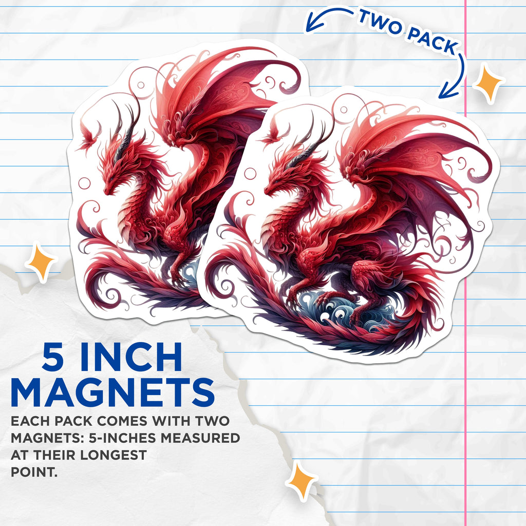 (2 Pack) Mythical Beast Magnets - Red Dragon Fantasy Art - D&D Gamer Decor - Refrigerator Accent - 5 Inches On Longest Side - Thick Durable Magnet - Made in USA - MAG36904