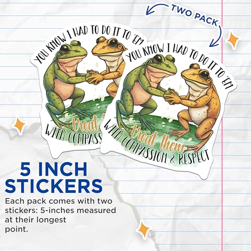 (2 Pack) Funny Frog Stickers - Animal Lover Stickers - Environmental Awareness Stickers - 5" On Longest Side - Sticks to Smooth Flat Surfaces - Made in USA - BMCS4356