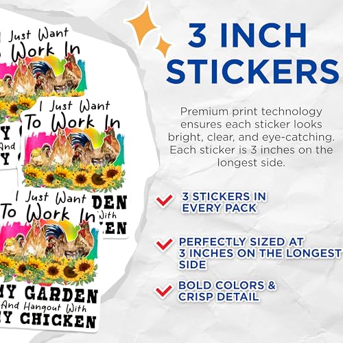 (3 Pack) Chicken Garden Decals - Farm Animal Stickers - Floral Laptop Decal - 3 Inches On Longest Side - Easy Peel & Apply - Made in USA - 3MCS4517