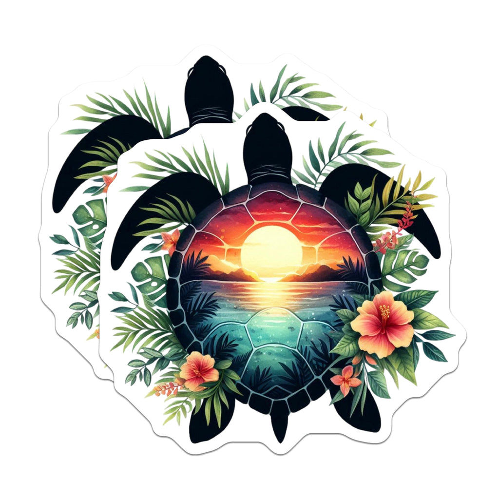 (2 Pack) Sea Turtle Magnets - Tropical Sunset Ocean Art - Hibiscus Palm Frond Design - 5 Inches On Longest Side - Thick Durable Magnet - Made in USA - MAG22769
