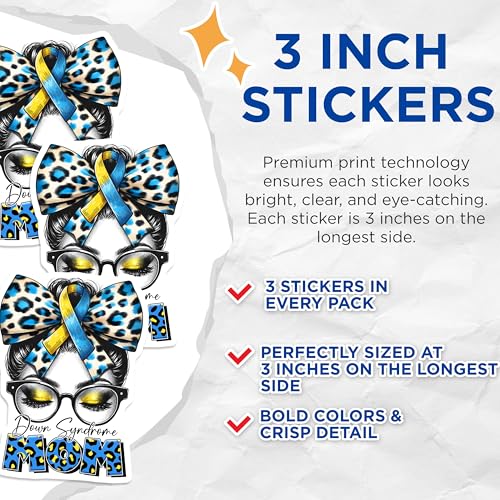 (3 Pack) Down Syndrome Awareness Decals - Mom Decal - Leopard Print Ribbon Decals - 3 Inches On Longest Side - Easy Peel & Apply - Made in USA - 3MCS6958