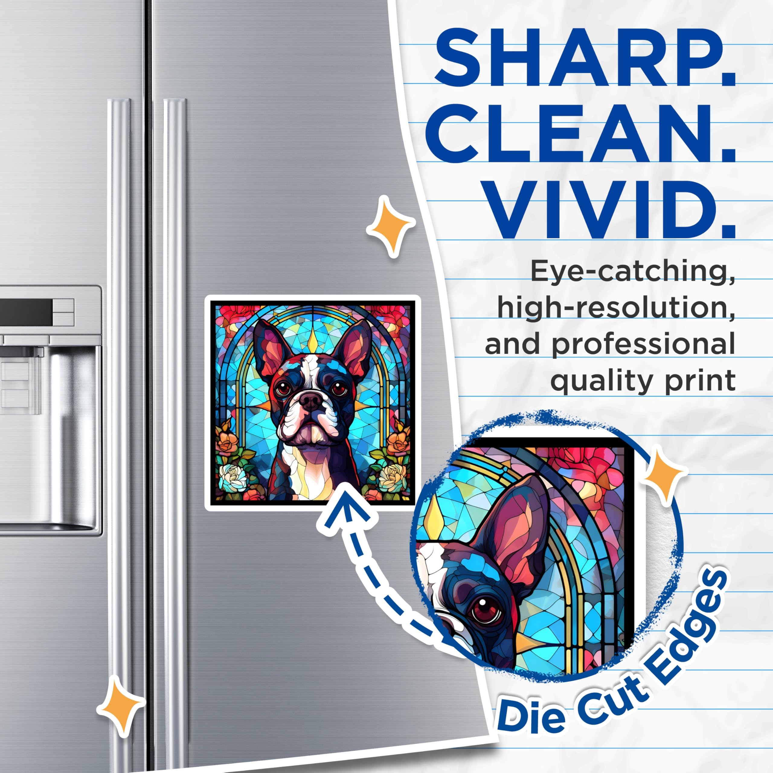 (2 Pack) Boston Terrier Magnets - Stained Glass Dog Art - Refrigerator Decor - 5" On Longest Side - Premium Magnet - for Cars, Refrigerators, Toolboxes, Lockers - Made in USA - MAG14615