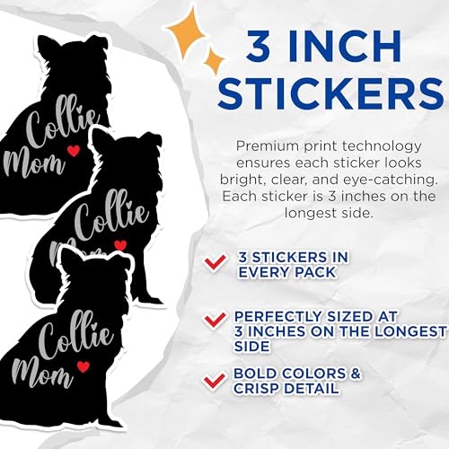 (3 Pack) Collie Mom Decals - Dog Lover Present - Laptop Decal - 3 Inches On Longest Side - Easy Peel & Apply - Made in USA - 3MCS1328