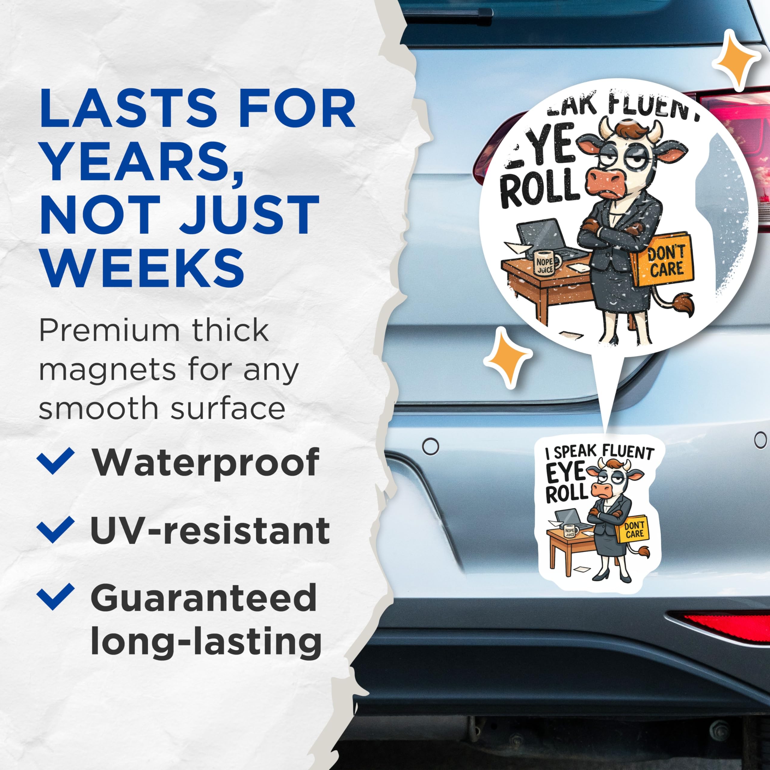 (2 Pack) I Speak Fluent Eye Roll Magnets - Sarcastic Office Cow Decor - Funny Work Humor - Unimpressed Coworker Statement - 5 Inches On Longest Side - Thick Durable Magnet - Made in USA - MAG21540