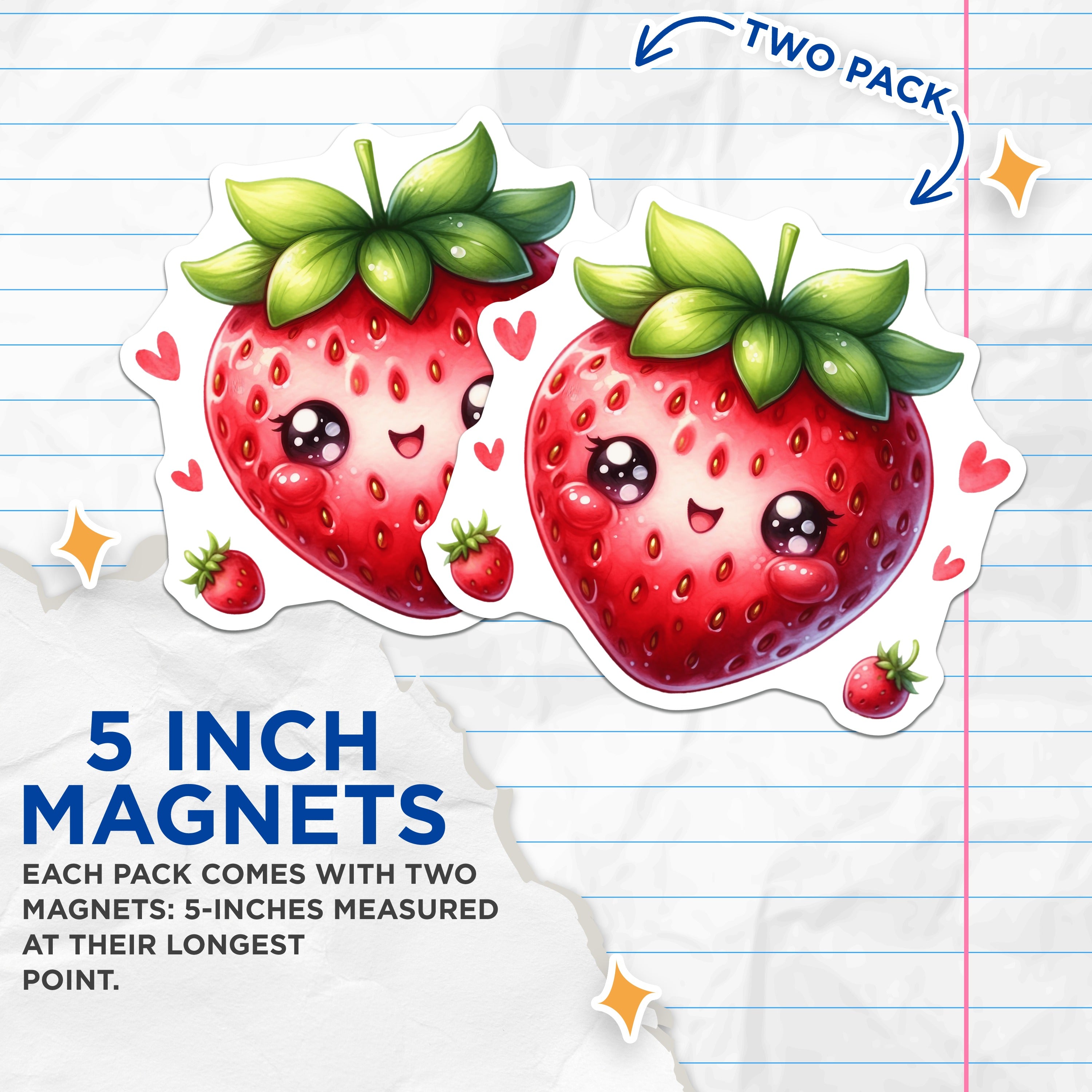 (2 Pack) Cute Strawberry Magnets - Kawaii Fridge Decor - Aesthetic Fruit Art for Kitchen - 5 Inches On Longest Side - Thick Durable Magnet - Made in USA - MAG37869