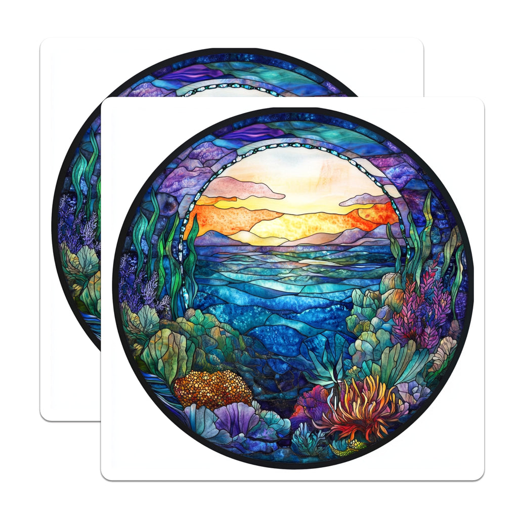 (2 Pack) Stained Glass Ocean Magnets - Vibrant Underwater Reef Scene - Colorful Marine Life Decor - Beach House Aesthetic - 5 Inches On Longest Side - Thick Durable Magnet - Made in USA - MAG23587