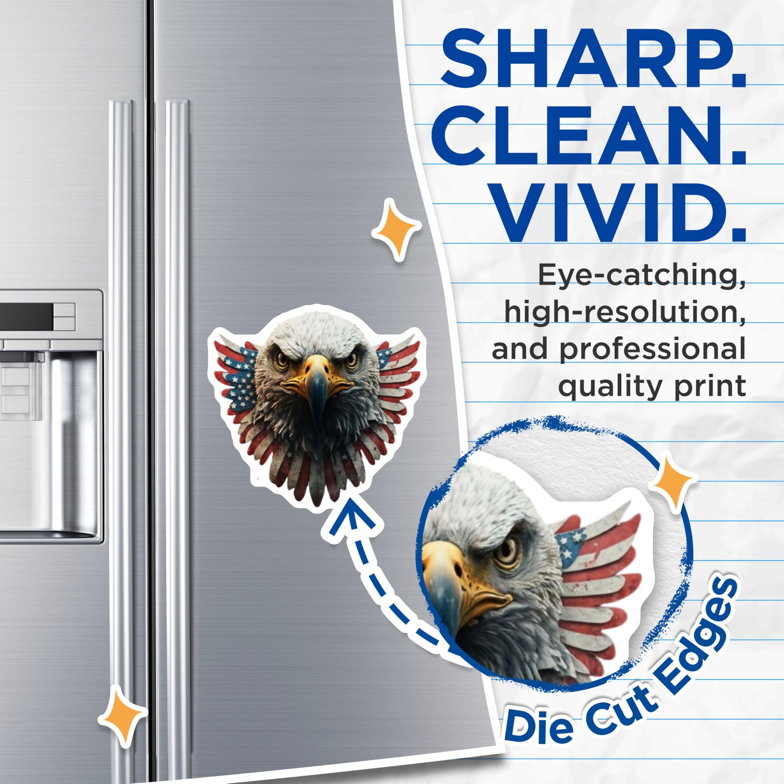 (2 Pack) Bald Eagle Magnets - Majestic American Flag Design - Patriotic USA Symbol Fridge - Independence Day Decor - 5 Inches On Longest Side - Thick Durable Magnet - Made in USA - MAG21447