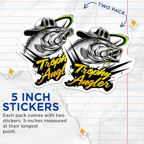 (2 Pack) Trophy Angler Stickers - Fishing Enthusiast Decals - Outdoor Sportsman Stickers - 5" On Longest Side - Sticks to Any Smooth Flat Surface - Made in USA - BMCS3598