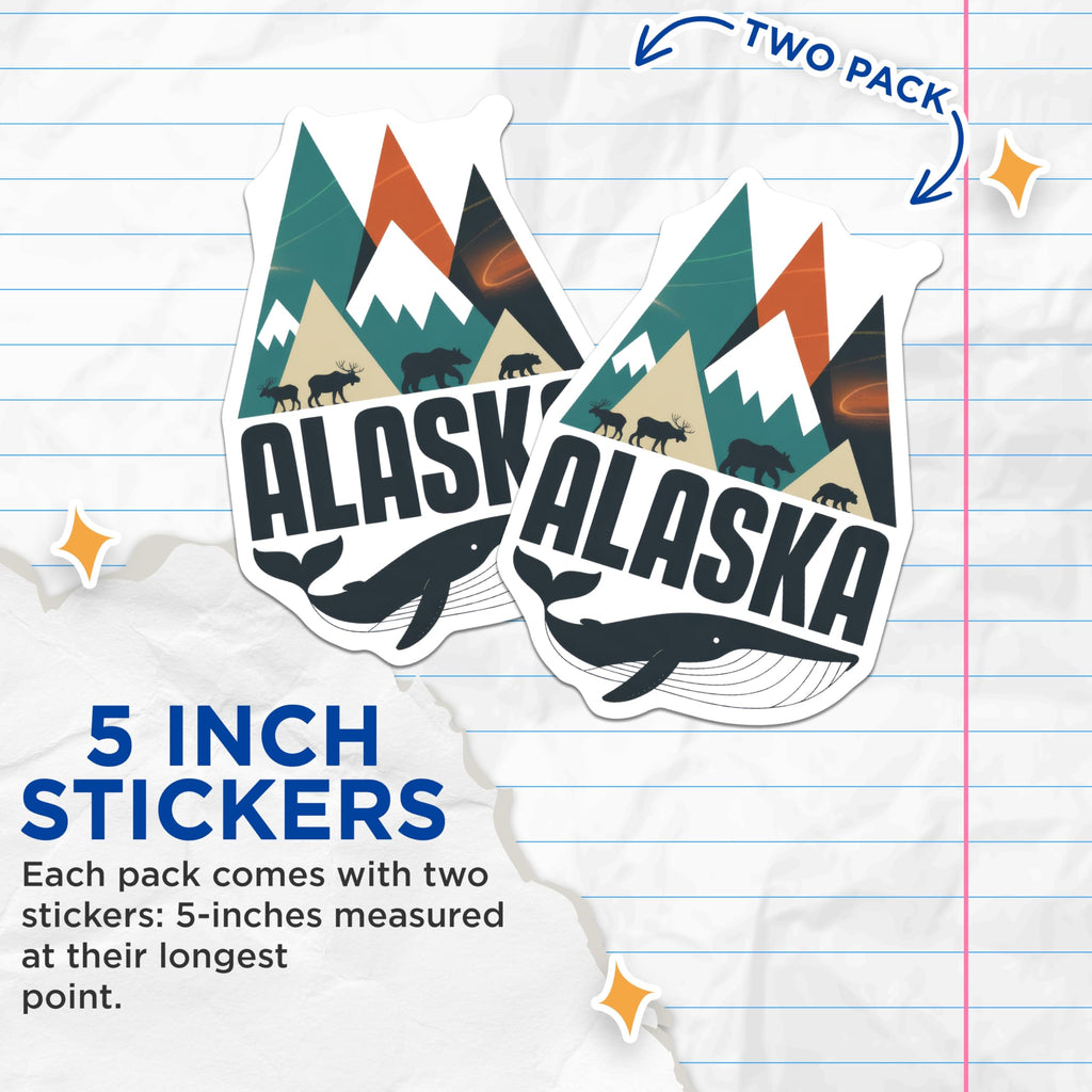 (2 Pack) Alaska Stickers - Animals of Alaska - Mountain Scenery Decals - 5" On Longest Side - Sticks to Smooth Flat Surfaces - Made in USA - BMCS18372