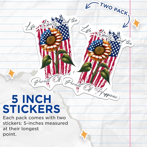 (2 Pack) Life Liberty and The Pursuit of Happiness Stickers - Patriotism - Sunflower - American Flag - 5" On Longest Side - Sticks to Smooth Flat Surfaces - Made in USA - BMCS7866