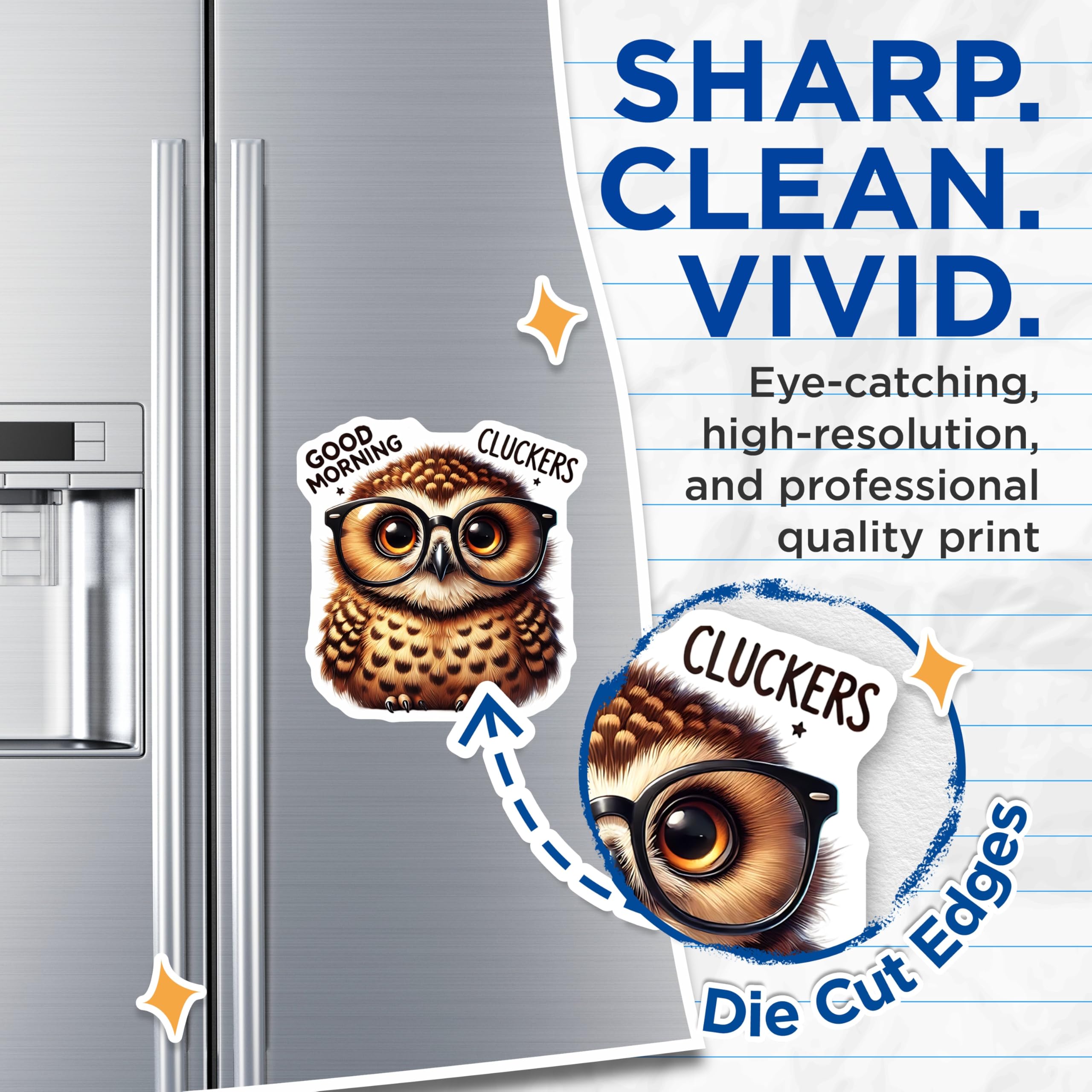 (2 Pack) Owl Magnets - Cute Owl Art - Good Morning Cluckers Refrigerator Magnets - 5" On Longest Side - Premium Magnet - for Cars, Refrigerators, Toolboxes, Lockers - Made in USA - MAG15923