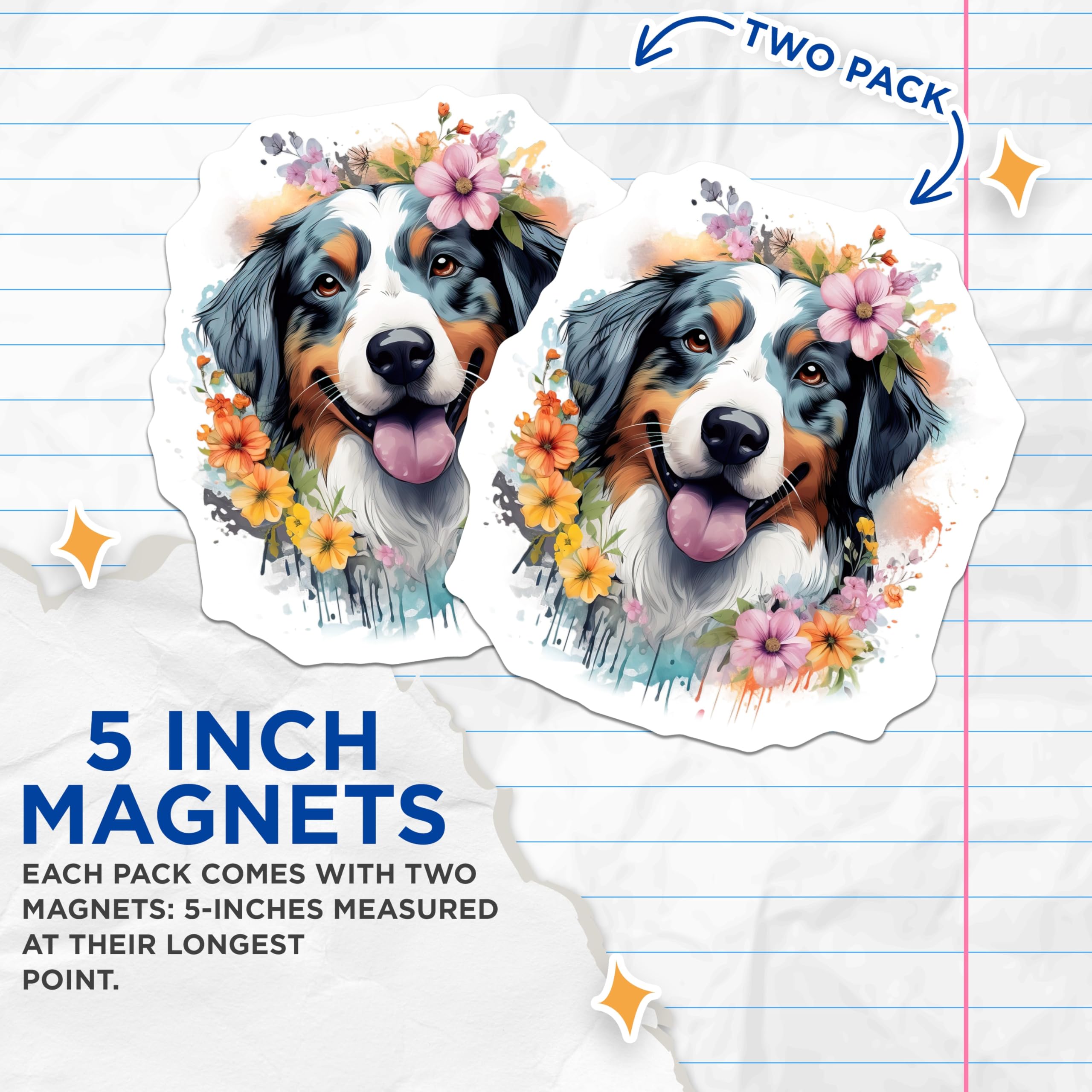 (2 Pack) Bernese Mountain Dog Magnets - Floral Aussie Shepherd Decor - Happy Pet Lover Magnets - 5 Inches On Longest Side - Thick Durable Magnet - Made in USA - MAG27863