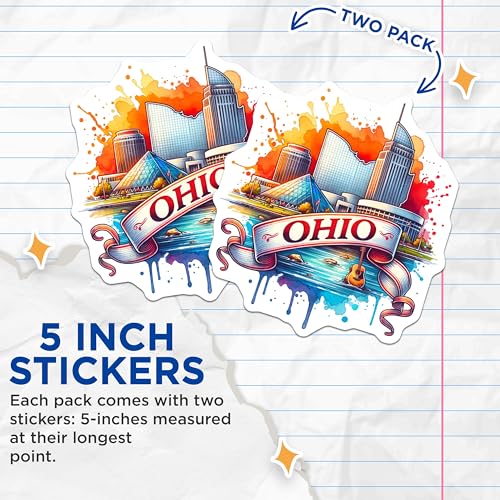 (2 Pack) Ohio State Stickers - Cleveland Skyline Decal - Ohio Travel Souvenir - 5" On Longest Side - Sticks to Smooth Flat Surfaces - Made in USA - BMCS6449