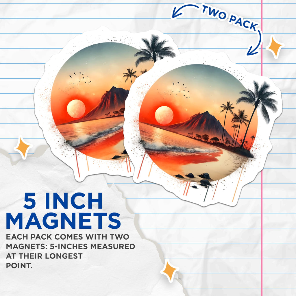 (2 Pack) Sunset Beach Magnets - Tropical Island Decor - Ocean View Art - 5" On Longest Side - Premium Magnet - for Cars, Refrigerators, Toolboxes, Lockers - Made in USA - MAG14146