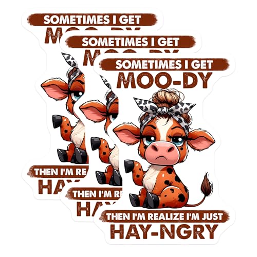 (3 Pack) Moody Cow Decals - Funny Animal Saying - Hay-ngry Cute Cows - 3 Inches On Longest Side - Easy Peel & Apply - Made in USA - 3MCS2567