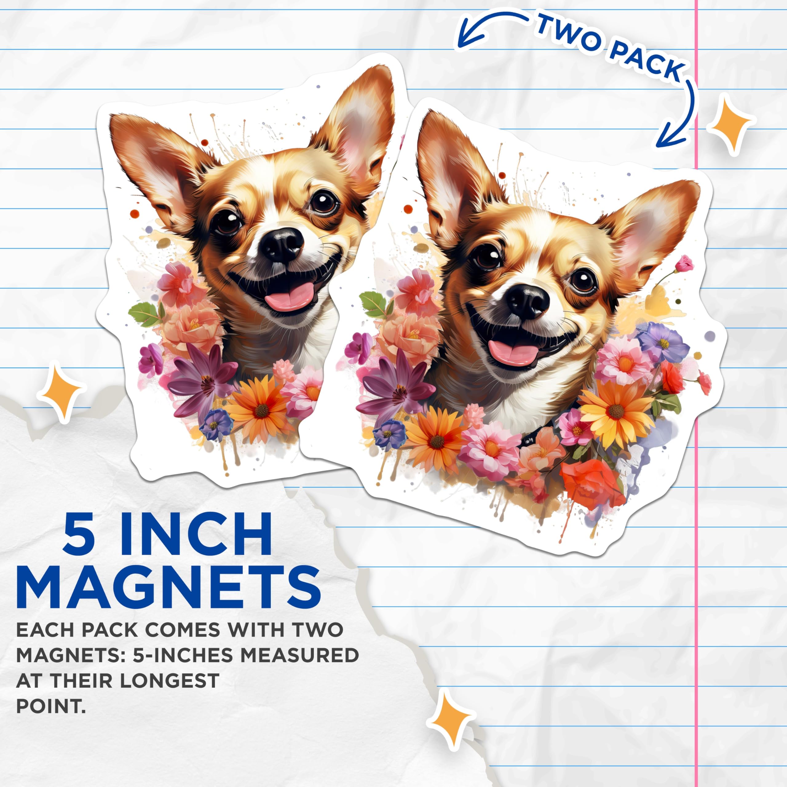 (2 Pack) Happy Chihuahua Magnets - Floral Dog Art - Cute Pet Refrigerator Decor for Dog Mom - 5 Inches On Longest Side - Thick Durable Magnet - Made in USA - MAG28506