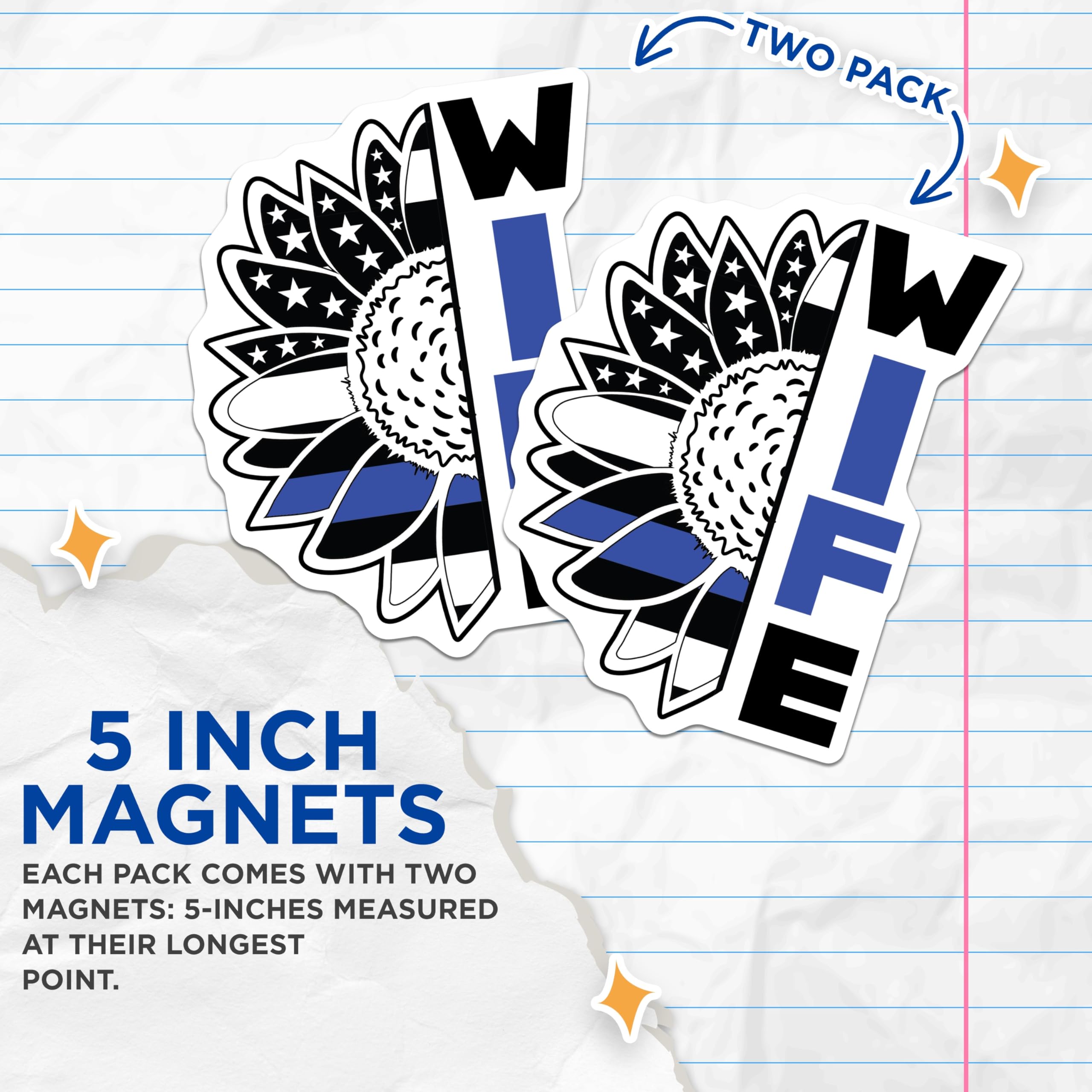 (2 Pack) Thin Blue Line Wife Magnets - Police Spouse Sunflower - Law Enforcement Support Decor - American Flag Design - 5 Inches On Longest Side - Thick Durable Magnet - Made in USA - MAG21861