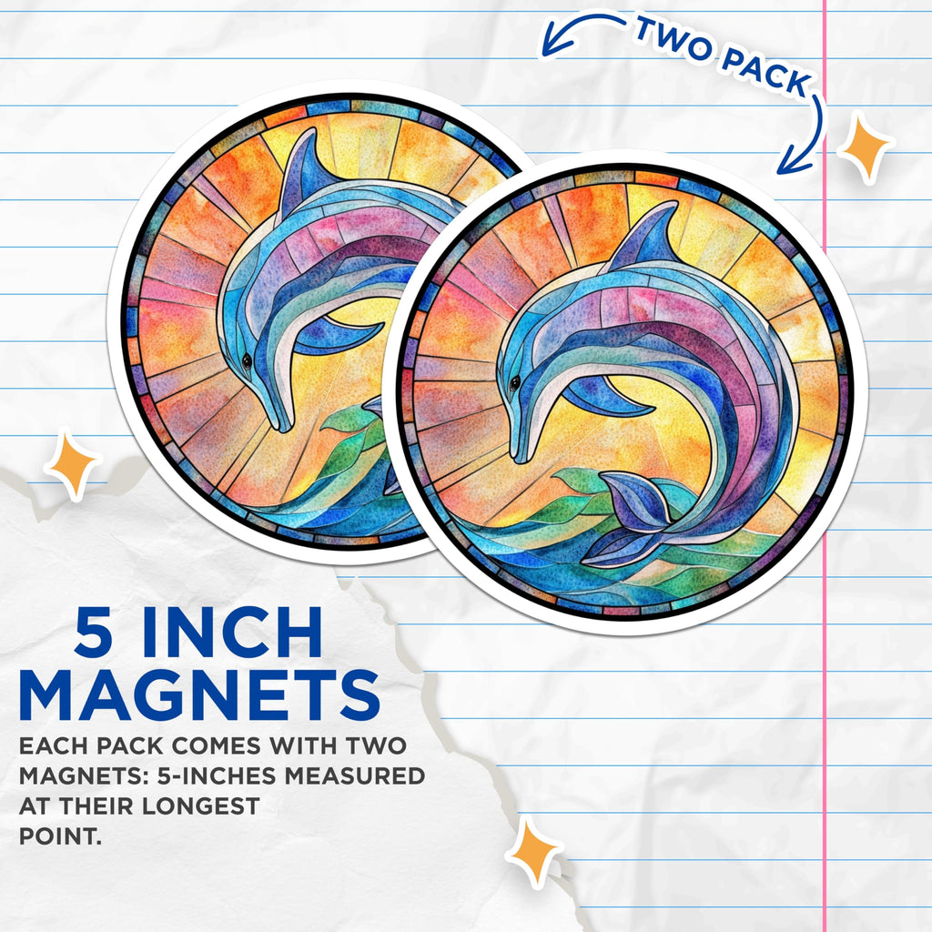 (2 Pack) Stained Glass Dolphin Magnets - Ocean Animal Decor - Vibrant Coastal Kitchen Accent - 5 Inches On Longest Side - Thick Durable Magnet - Made in USA - MAG29385