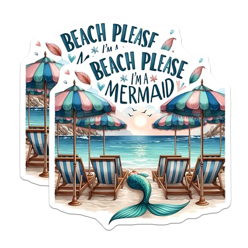 (2 Pack) Beach Please I'm A Mermaid Stickers - Cute Beach Lover Sticker - Fun Summer Sticker Set - 5" On Longest Side - Sticks to Smooth Flat Surfaces - Made in USA - BMCS9281