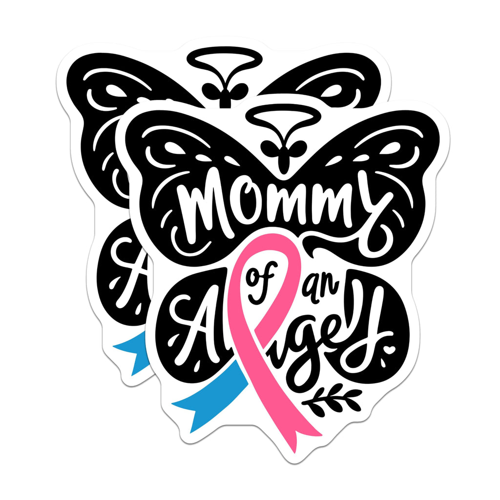 (2 Pack) Mommy of an Angel Stickers - Butterfly Ribbon Stickers - Pregnancy Loss Awareness Stickers - 5" On Longest Side - Sticks to Smooth Flat Surfaces - Made in USA - BMCS5175