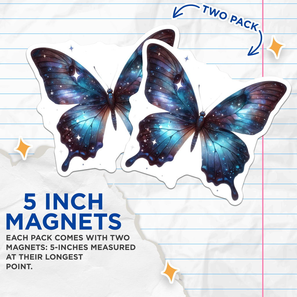 (2 Pack) Galaxy Butterfly Magnets - Celestial Moth Refrigerator Decor - Space Themed Kitchen Accent Set - 5 Inches On Longest Side - Thick Durable Magnet - Made in USA - MAG37909