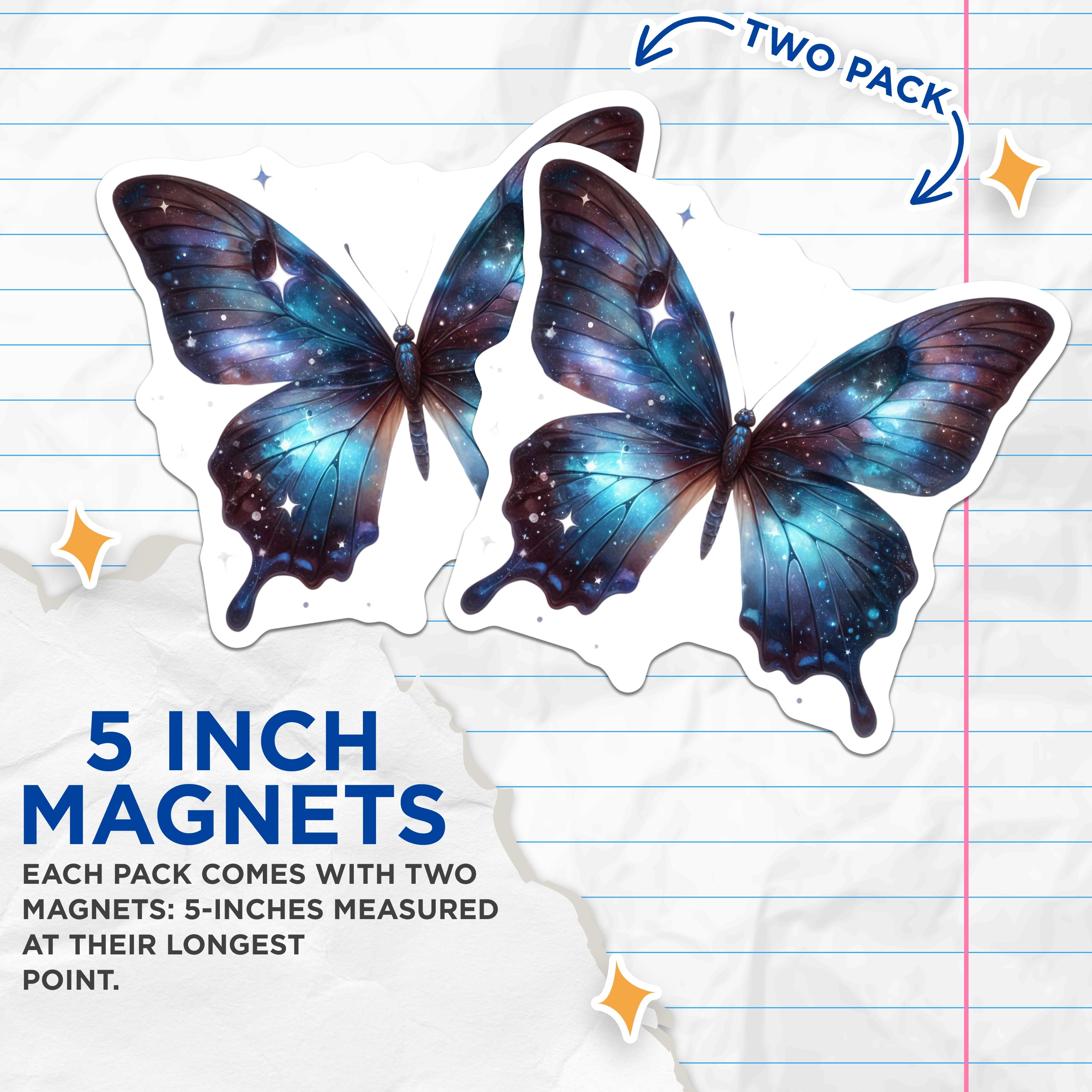 (2 Pack) Galaxy Butterfly Magnets - Celestial Moth Refrigerator Decor - Space Themed Kitchen Accent Set - 5 Inches On Longest Side - Thick Durable Magnet - Made in USA - MAG37909
