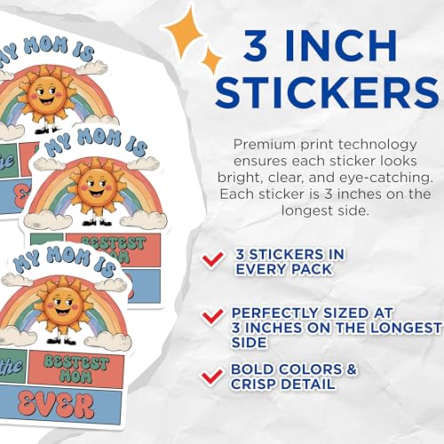 (3 Pack) Best Mom Ever Decals - Retro Sun Rainbow - Mothers Day Decals - 3 Inches On Longest Side - Easy Peel & Apply - Made in USA - 3MCS7227