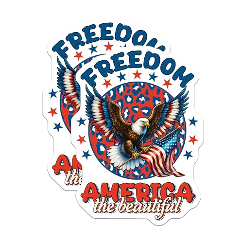(2 Pack) Freedom America The Beautiful Stickers - Patriotic Eagle Decal - USA Flag Art - 5" On Longest Side - Sticks to Smooth Flat Surfaces - Made in USA - BMCS7404