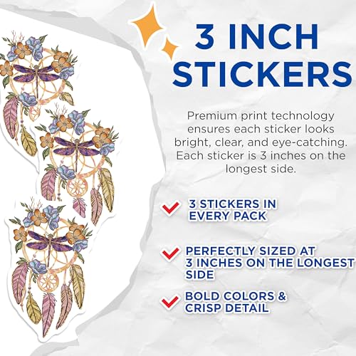 (3 Pack) Dreamcatcher Decals - Dragonfly Art Decal - Floral Design Decal - 3 Inches On Longest Side - Easy Peel & Apply - Made in USA - 3MCS2962