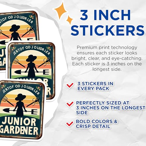 (3 Pack) Junior Gardener Decals - Gardening Tools Stickers - Laptop Decal- 3 Inches On Longest Side - Easy Peel & Apply - Made in USA - 3MCS5199