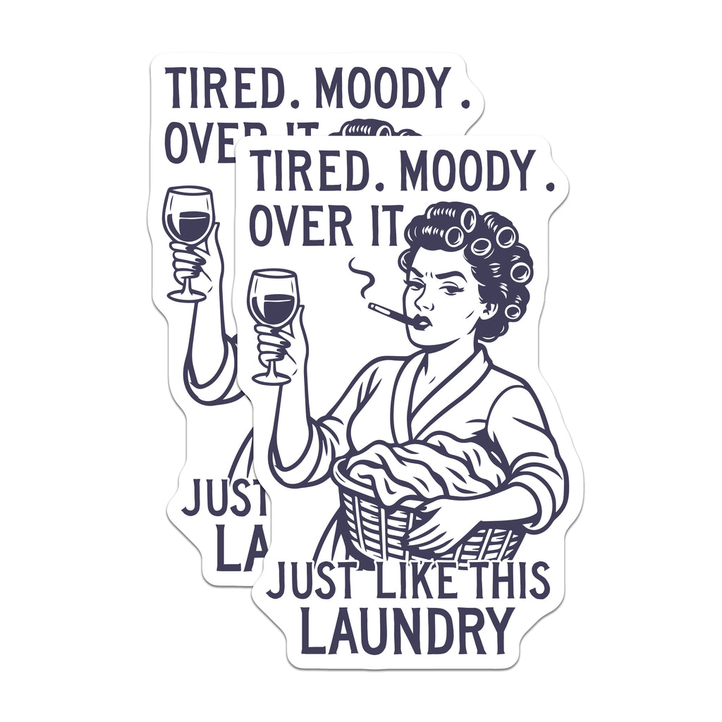 (2 Pack) Tired Moody Laundry Magnets - Humorous Wine Mom Retro Kitchen Art - Over It Woman Fridge Decor - 5 Inches On Longest Side - Thick Durable Magnet - Made in USA - MAG36256