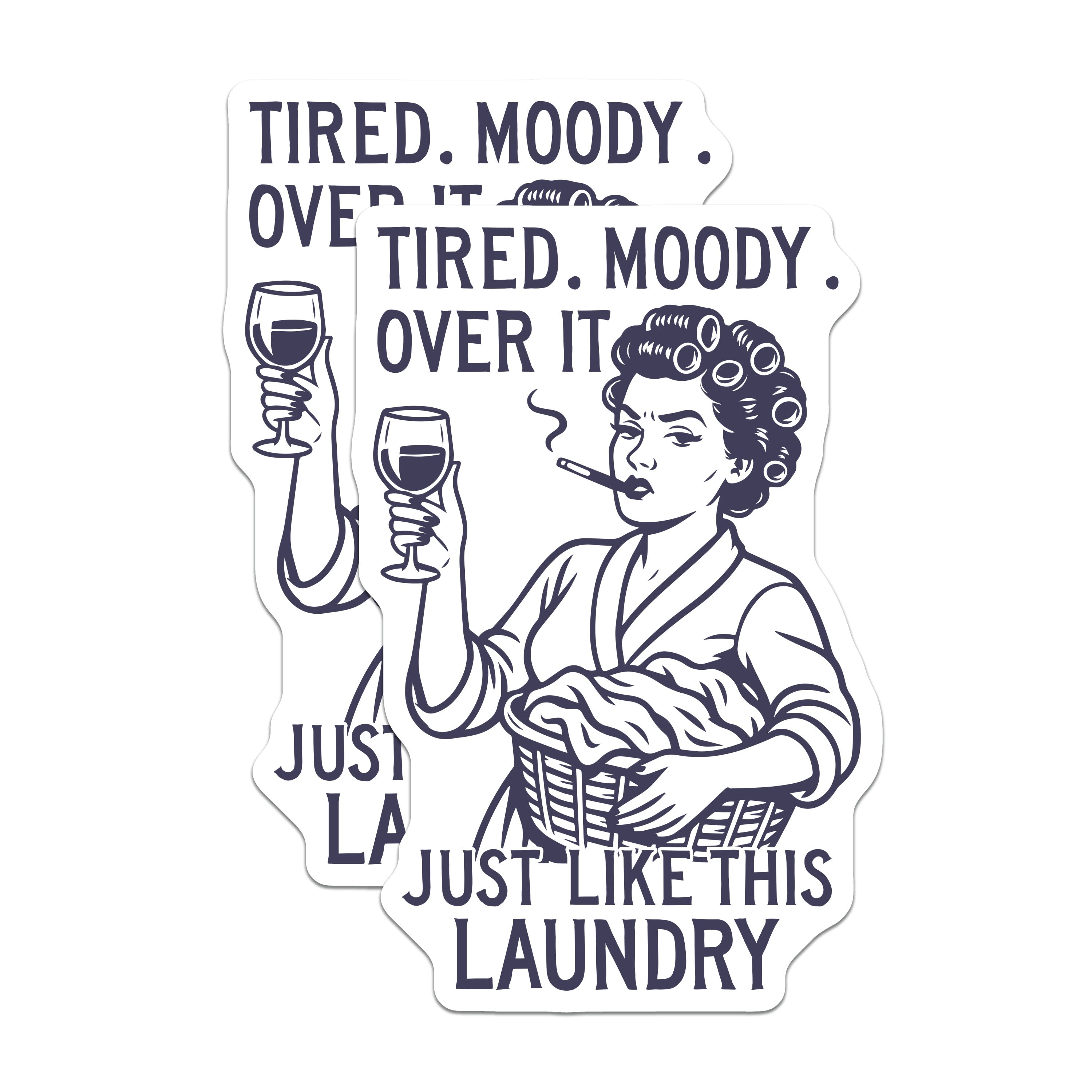 (2 Pack) Tired Moody Laundry Magnets - Humorous Wine Mom Retro Kitchen Art - Over It Woman Fridge Decor - 5 Inches On Longest Side - Thick Durable Magnet - Made in USA - MAG36256